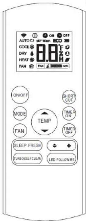 AUTO COOL DRY HEAT FAN ON/OFF MODE FAN ON/OFF SHORT CUT. TEMP TIMER ON TIMER OFF SLEEP FRESH TURBOSELFCLEAN LED FOLLOWME