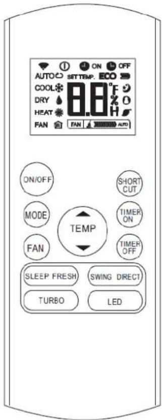 AUTO ON OFF SETTEMP. ECO COOL 8.8°F DRY HEAT FAN FAN AUTO ON/OFF SHORT MODE TIMER FAN ON TEMP TIMER OFF SLEEP FRESH SWING DIRECT TURBO LED