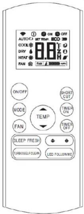 AUTO COOL DRY HEAT FAN ON/OFF MODE FAN ON/OFF SHORT CUT TEMP TIMER ON TIMER OFF SLEEP FRESH TURBOSELF CLEAN LED FOLLOW ME