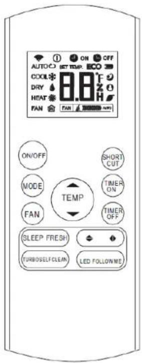 AUTO COOL DRY HEAT FAN ON SET TEMP. 8.8°F 200 FAN SHORT CUT ON/OFF MODE FAN TEMP TIMER ON TIMER OFF SLEEP FRESH TURBSELF CLEAN LED FOLLOWME