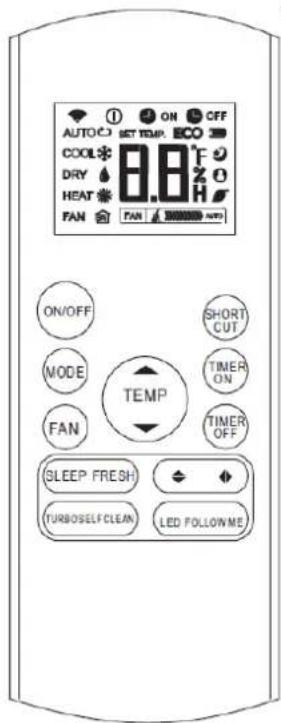AUTO COOL DRY HEAT FAN ON OFF SET TEMP. ECON 8.8°F 20H FAN SHORT CUT. TIME ON TIME OFF ON/OFF MODE FAN TEMP SLEEP FRESH TURBOSELFCLEAN LED FOLLOWME