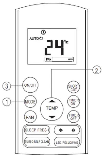 AUTO 24°C FAN AVID ① ② ③ ON/OFF SHORT CUT MODE TIMER ON FAN TIMER OFF TEMP SLEEP FRESH TURBO SELF CLEAN LED FOLLOW ME