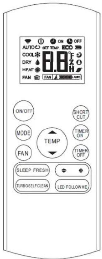 AUTO SET TEMP. OFF COOL 8.8°F DRY HEAT FAN FAN AUTO ON/OFF SHORT CUT MODE TIMER ON FAN TIMER OFF TEMP SLEEP FRESH TURBOSELFCLEAN LED FOLLOWME