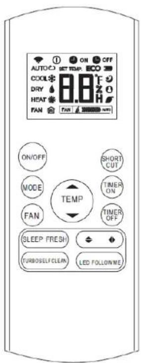 AUTO COOL DRY HEAT FAN ON SET TEMP. 8.8°F F O H FAN SHORT CUT. ON/OFF MODE FAN TEMP TIMER ON TIMER OFF SLEEP FRESH TURBOSELF CLEAN LED FOLLOWME