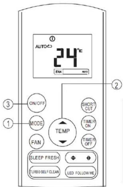 AUTO 24°C FAN AUTO ① ② ③ ON/OFF SHORT CUT MODE TIMER ON FAN TIMER OFF TEMP SLEEP FRESH TURBO SELF CLEAN LED FOLLOW ME