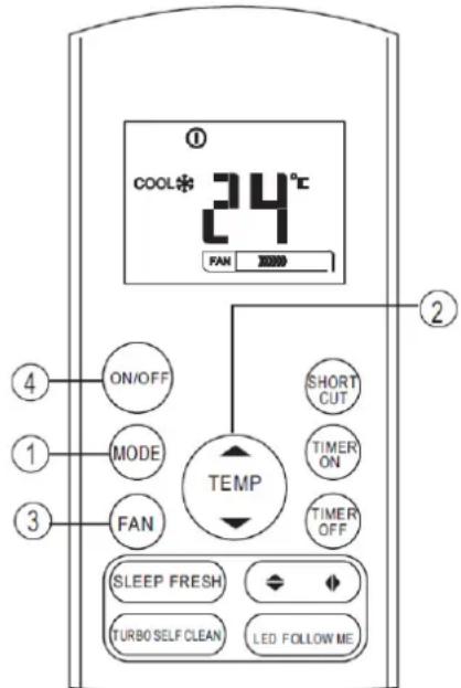 COOL* 34°C FAN ① ② ④ ON/OFF ① MODE ③ FAN TEMP SHORT CUT TIMER ON TIMER OFF SLEEP FRESH TURBO SELF CLEAN LED FOLLOW ME