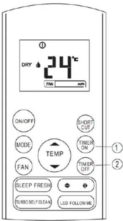 DRY 24°C FAN AUTO ON/OFF MODE FAN TEMP SHORT CUT TIMER ON TIMER OFF SLEEP FRESH TURBO SELF CLEAN LED FOLLOW ME