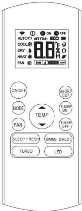 AUTO ON OFF SETTEMP. ECO COOL® 8.8°F DRY °C HEAT H FAN FAN AUTO ON/OFF SHORT CUT MODE TIMER FAN ON TEMP TIMER OFF SLEEP FRESH SWING DIRECT TURBO LED