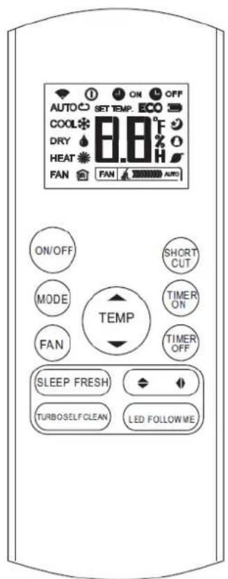 AUTO SET TEMP. OFF COOL 8.8°F DRY HEAT FAN FAN AUTO ON/OFF MODE FAN SHORT CUT TIMER ON TIMER OFF TEMP SLEEP FRESH TURBOSELF CLEAN LED FOLLOW ME