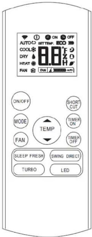 AUTO ON OFF SETTEMP. ECO COOL® 8.8°F DRY D HEAT H FAN FAN AUTO ON/OFF SHORT MODE TIMER FAN ON TIMER TEMP OFF SLEEP FRESH SWING DIRECT TURBO LED