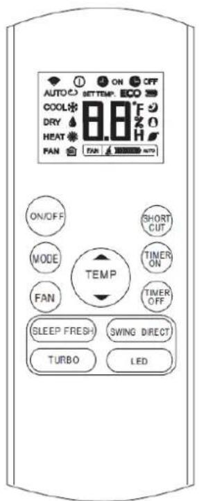 AUTO ON OFF SETTEMP. ECO COOL 8.8°F 20 DRY HEAT FAN FAN AUTO ON/OFF SHORT MODE TIMER FAN TIMER TEMP SLEEP FRESH SWING DIRECT TURBO LED