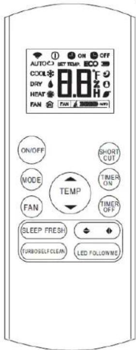 AUTO COOL DRY HEAT FAN ON/OFF MODE FAN SHORT CUT TEMP TIMER ON TIMER OFF SLEEP FRESH TURBOSELF CLEAN LED FOLLOWME