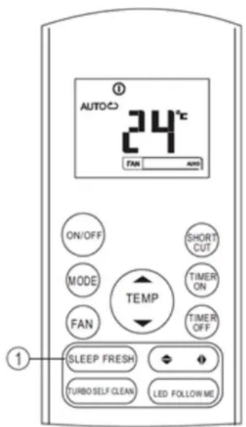 AUTO 24°C FAN AUTO ON/OFF MODE FAN SHORT CUT TEMP TIMER ON TIMER OFF SLEEP FRESH TURBO SELF CLEAN LED FOLLOW ME