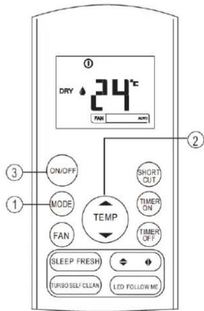① DRY 24°C PAN AUTO ② ③ ON/OFF SHORT OUT MODE TIMER ON FAN TIMER OFF TEMP SLEEP FRESH TURBO SELF CLEAN LED FOLLOW ME