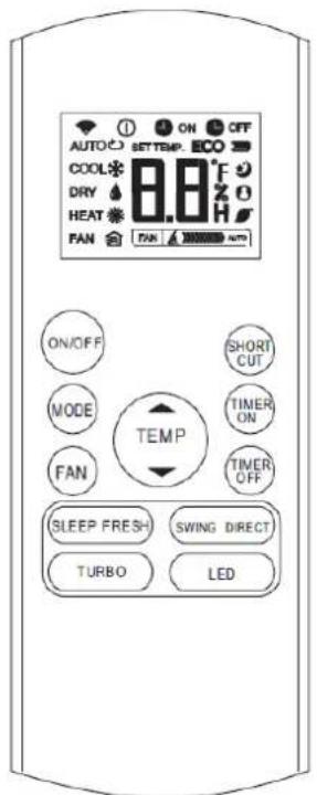 AUTO ON OFF SETTEMP. ECO COOL 8.8°F DRY HEAT FAN FAN AUTO ON/OFF SHORT MODE TIMER FAN ON TIMER TEMP OFF SLEEP FRESH SWING DIRECT TURBO LED