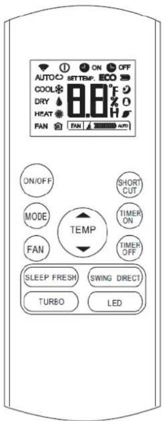 AUTO ON OFF SFT TEMP. ECO COOL 8.8°F DRY HEAT FAN FAN AUTO ON/OFF SHORT MODE TIMER FAN TIMER TEMP SLEEP FRESH SWING DIRECT TURBO LED