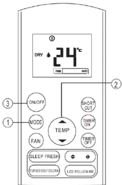 DRY 24°C FAN AUTO ON/OFF MODE FAN TEMP SHORT CUT TIMER ON TIMER OFF SLEEP FRESH TURBO SELF CLEAN LED FOLLOW ME