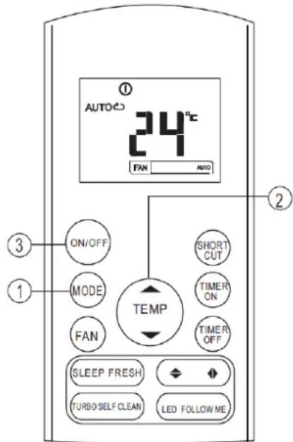 AUTOES 24°C FAN AUTO ON/OFF MODE FAN TEMP SHORT CUT TIMER ON TIMER OFF SLEEP FRESH TURBO SELF CLEAN LED FOLLOW ME