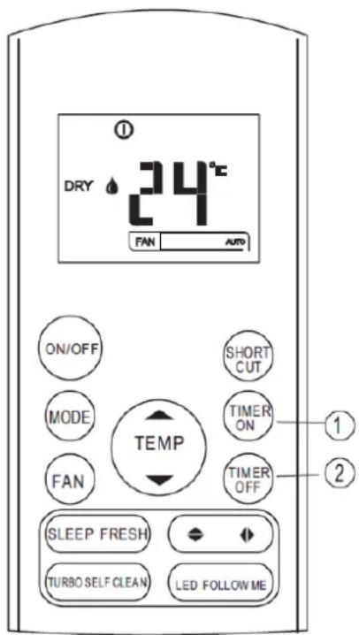 DRY 24°C FAN AUTO ON/OFF MODE FAN TEMP SHORT CUT TIMER ON TIMER OFF SLEEP FRESH TURBO SELF CLEAN LED FOLLOW ME
