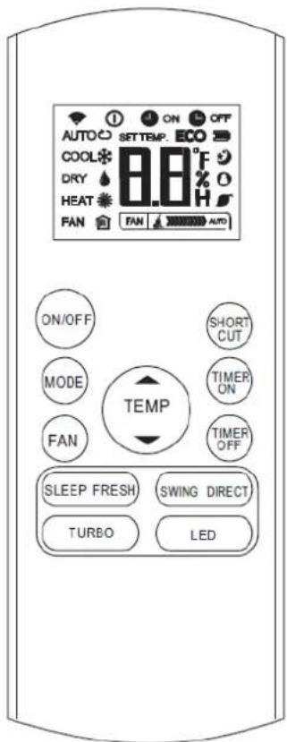 AUTO ON OFF SFT TEMP. ECO COOL 8.8°F DRY HEAT FAN FAN AUTO ON/OFF SHORT MODE TIMER ON FAN TIMER OFF TEMP SLEEP FRESH SWING DIRECT TURBO LED