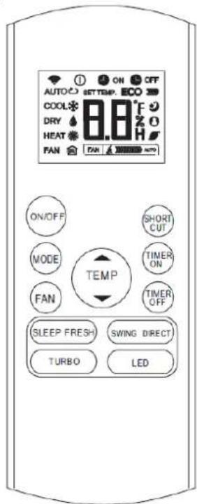 AUTO ON OFF SETTEMP. ECO COOL 8.8°F 20 DRY HEAT FAN PAN AUTO ON/OFF MODE FAN TEMP SHORT CUT TIMER ON TIMER OFF SLEEP FRESH SWING DIRECT TURBO LED