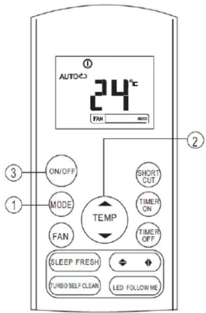AUTO 24°C FAN AUTO ① ② ③ ON/OFF SHORT CUT MODE TIMER ON FAN TIMER OFF TEMP SLEEP FRESH ◆ ◆ TURBO SELF CLEAN LED FOLLOW ME