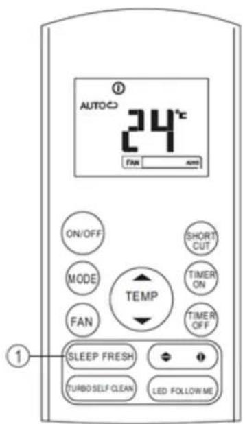 AUTO 24°C FAN AUTO ON/OFF MODE FAN SHORT CUT TIMER ON TIMER OFF TEMP SLEEP FRESH TURBO SELF CLEAN LED FOLLOW ME ①
