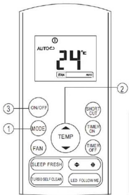 AUTO 24°C FAN AUTO ① ② ③ ON/OFF SHORT CUT MODE TIMER ON FAN TIMER OFF TEMP SLEEP FRESH TURBO SELF CLEAN LED FOLLOW ME