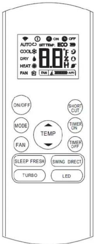 AUTO ON OFF SETTEMP. ECO COOL 88°F DRY HEAT FAN FAN AUTO ON/OFF SHORT MODE TIMER FAN TIMER TEMP SLEEP FRESH SWING DIRECT TURBO LED
