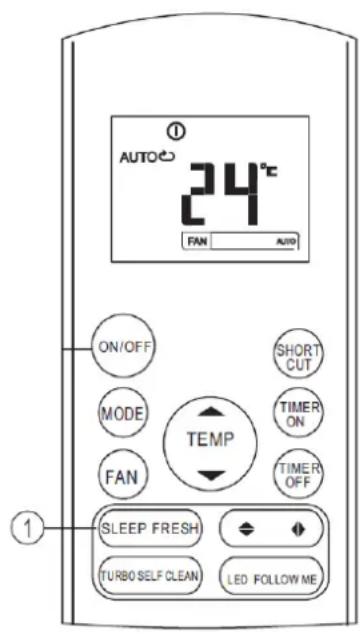 AUTO 24°C FAN AUTO ON/OFF MODE FAN SHORT CUT TEMP TIMER ON TIMER OFF SLEEP FRESH TURBO SELF CLEAN LED FOLLOW ME