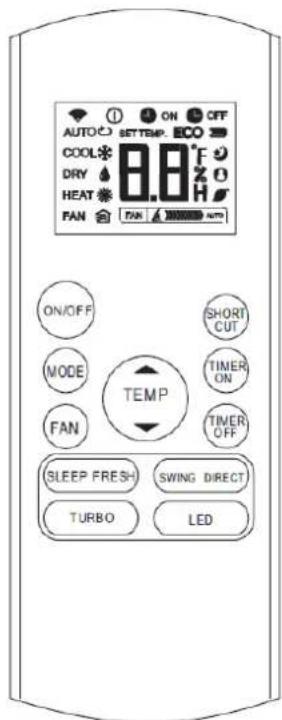AUTO ON OFF SETTEMP. ECO COOL 8.8°F 20 DRY HEAT FAN ON/OFF MODE FAN TEMP SHORT CUT TIMER ON TIMER OFF SLEEP FRESH SWING DIRECT TURBO LED
