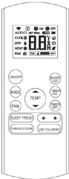 AUTO COOL DRY HEAT FAN ON/OFF NODE FAN SHORT CUT TEMP TIMER ON TIMER OFF SLEEP FRESH TURBOSEL/CLEAN LED FOLLOWME