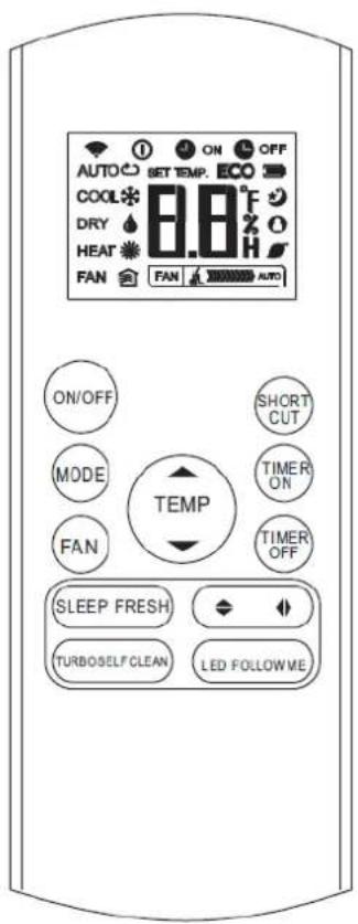 AUTO SET TEMP. OFF COOL* 8.8°F DRY HEAT FAN FAN AUTO ON/OFF SHORT MODE TIMER ON FAN TIMER OFF TEMP SLEEP FRESH TURBOSELF CLEAN LED FOLLOW ME