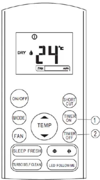 DRY 24°C FAN AUTO ON/OFF MODE FAN TEMP SHORT CUT TIMER ON TIMER OFF SLEEP FRESH TURBO SELF CLEAN LED FOLLOW ME ① ②