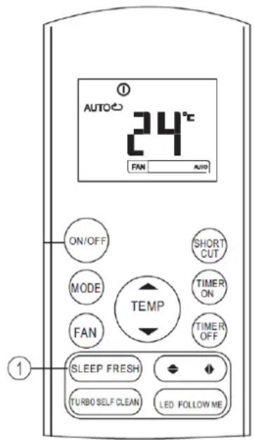 AUTO 24°C FAN AUTO ON/OFF MODE FAN SHORT CUT TIMER ON TIMER OFF TEMP SLEEP FRESH TURBO SELF CLEAN LED FOLLOW ME