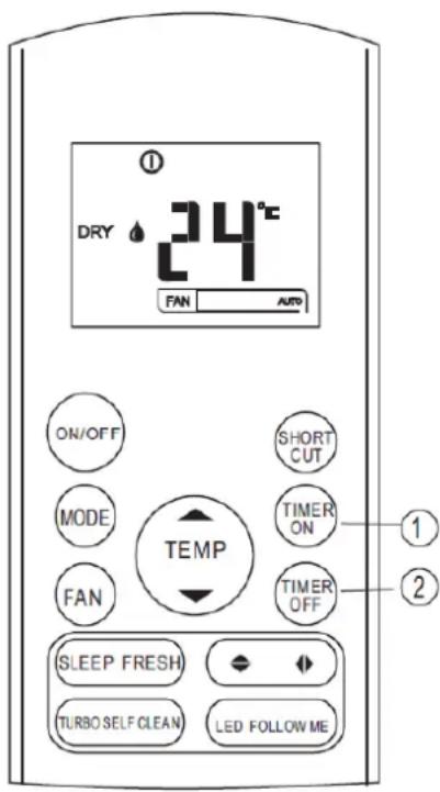 DRY 24°C FAN AUTO ON/OFF MODE FAN TEMP SHORT CUT TIMER ON TIMER OFF (SLEEP FRESH) TURBO SELF CLEAN LED FOLLOW ME