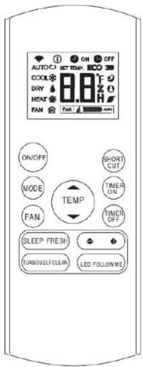 AUTO COOL DRY HEAT FAN ON SET TEMP. 8.8°F 20°C FAN SHORT CUT. TIME ON TIME OFF SLEEP FRESH TURBOSELF CLEAN LED FOLLOWME