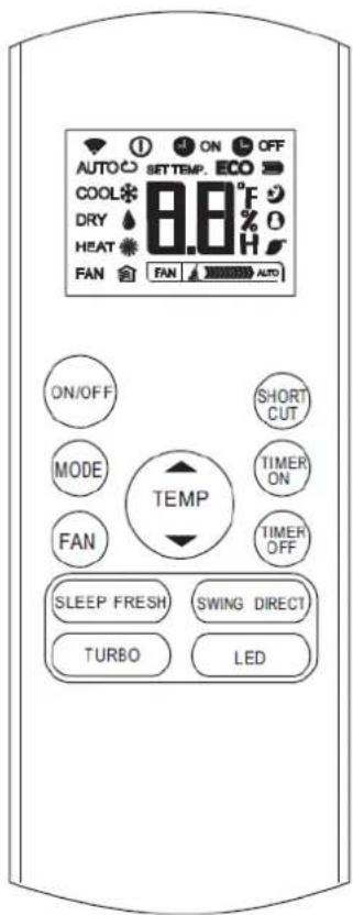 AUTO ON OFF SETTEMP. ECO COOL 88°F DRY HEAT H FAN FAN AUTO ON/OFF SHORT CUT MODE TIMER FAN ON TEMP TIMER OFF SLEEP FRESH SWING DIRECT TURBO LED