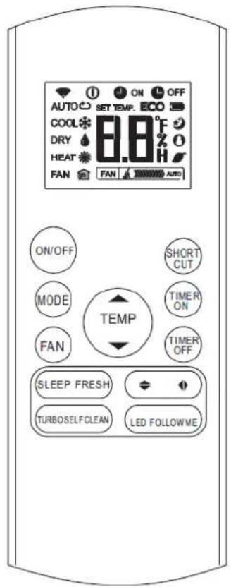 AUTO SET TEMP. ECO COOL 8.8°F DRY HEAT FAN FAN AUTO ON/OFF SHORT CUT MODE TEMP FAN TIMER ON TIMER OFF SLEEP FRESH TURBOSELFCLEAN LED FOLLOWME