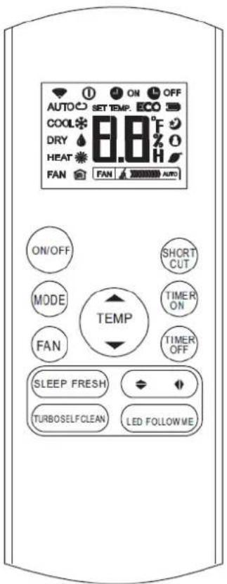 AUTO SET TEMP. OFF COOL 6.8°F DRY HEAT FAN FAN AUTO ON/OFF MODE FAN SHORT CUT TIMER ON TIMER OFF TEMP SLEEP FRESH TURBOSELF CLEAN LED FOLLOWME