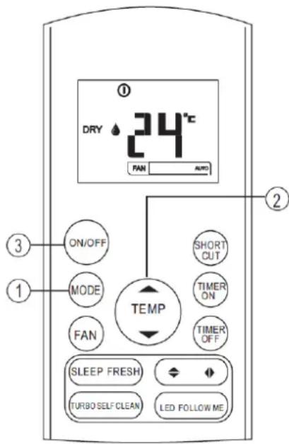 DRY 24°C FAN AUTO ON/OFF MODE FAN TEMP SHORT CUT TIMER ON TIMER OFF SLEEP FRESH TURBO SELF CLEAN LED FOLLOW ME
