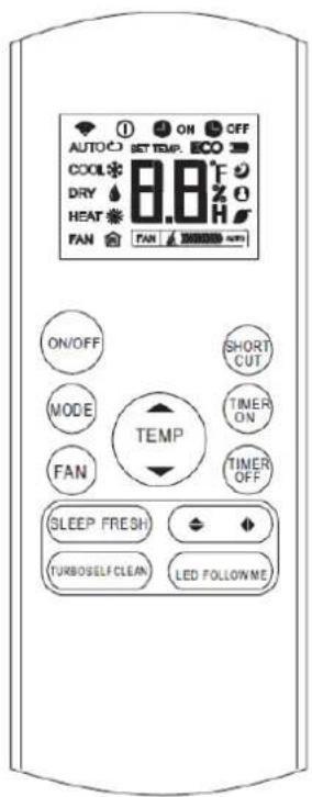 AUTO COOL DRY HEAT FAN ON/OFF MODE FAN SHORT CUT TEMP TIMER ON TIMER OFF SLEEP FRESH TURBOSEL/CLEAN LED FOLLOW/ME