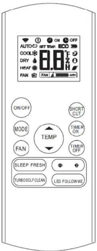 AUTO SET TEMP. OFF COOL 8.8°F DRY HEAT FAN FAN AUTO ON/OFF MODE FAN SHORT CUT TIMER ON TIMER OFF TEMP SLEEP FRESH TURBOSELF CLEAN LED FOLLOWME