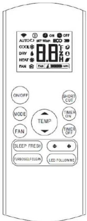 AUTO COOL DRY HEAT FAN ON/OFF MODE FAN ON/OFF SHORT CUT TEMP TIMER ON TIMER OFF SLEEP FRESH TURBOSELF CLEAN LED FOLLOWME