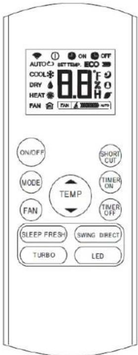 AUTO ON OFF SETTEMP. ECO COOL 8.8°F DRY HEAT FAN PAN AUTO ON/OFF MODE FAN TEMP SHORT CUT TIMER ON TIMER OFF SLEEP FRESH SWING DIRECT TURBO LED