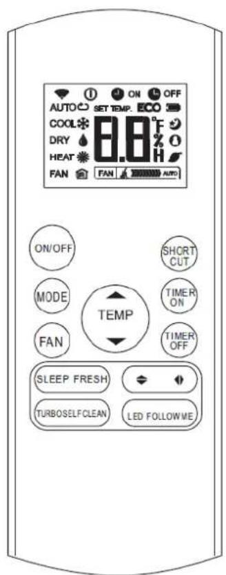 AUTO SET TEMP. ECO COOL 8.8°F DRY HEAT FAN FAN AUTO ON/OFF SHORT MODE TIMER FAN ON TEMP TIMER OFF SLEEP FRESH LED FOLLOWME TURBOSELFCLEAN