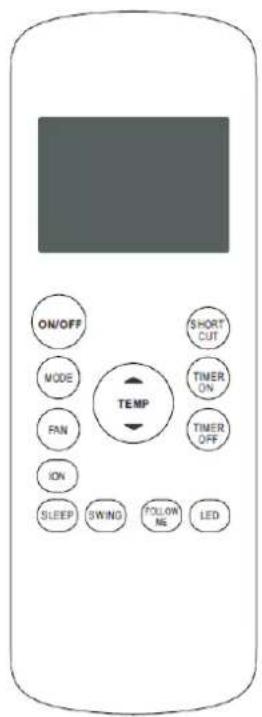 ON/OFF SHORT CUT MODE TIMER ON FAN TIMER OFF ION SLEEP SWING FOLLOWING LED TEMP