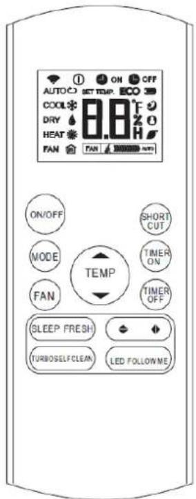 AUTO COOL DRY HEAT FAN ON SET TEMP. 8.8°F F20H FAN SHORT CUT. ON/OFF MODE FAN TEMP TIMER ON TIMER OFF SLEEP FRESH TURBOSELF CLEAR LED FOLLOW ME