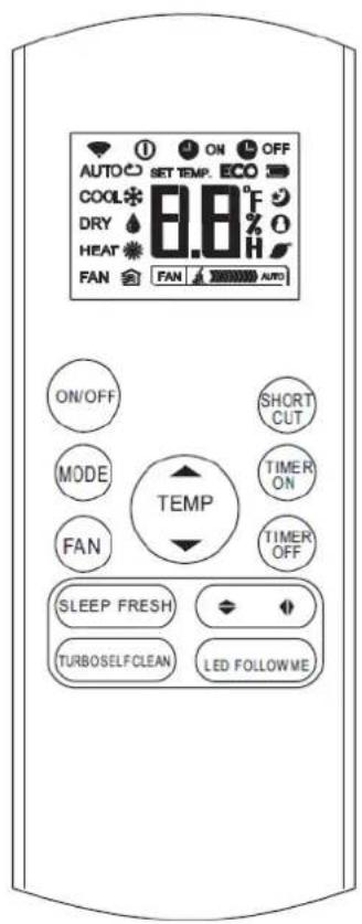 AUTO SET TEMP. OFF COOL 6.8°F DRY HEAT FAN FAN AUTO ON/OFF MODE FAN SHORT CUT TIMER ON TIMER OFF TEMP SLEEP FRESH TURBOSELFCLEAN LED FOLLOWME