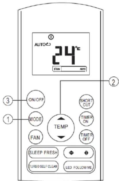 AUTO 24°C FAN AUTO ON/OFF MODE FAN TEMP SHORT CUT TIMER ON TIMER OFF SLEEP FRESH TURBO SELF CLEAN LED FOLLOW ME